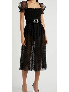 Rebecca Vallance Black Polka Dot Sheer Midi Dress with Belt